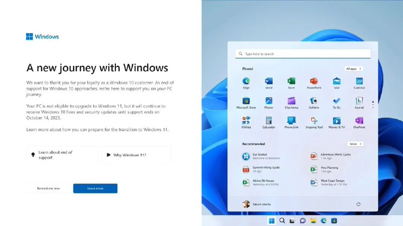 微软推广 Win11 再出新招：Win10 用户反馈 PC 出现全屏提醒“明年停用”Reddit 网友 Woopinah9 今日发帖称，自己装有 Windows 10 的电脑在更新了星期二补丁之后，在自己工作时突然弹出了一个全屏提醒：请踏上 Windows 的新旅程