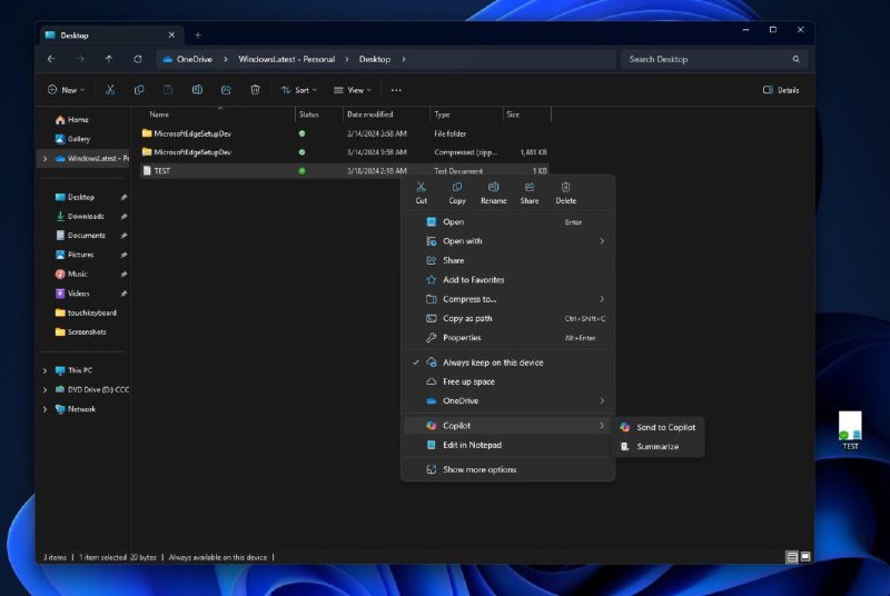 微软正在将 Copilot 集成到 Windows 11 文件资源管理器的菜单中微软现在将其引入文件资源管理器