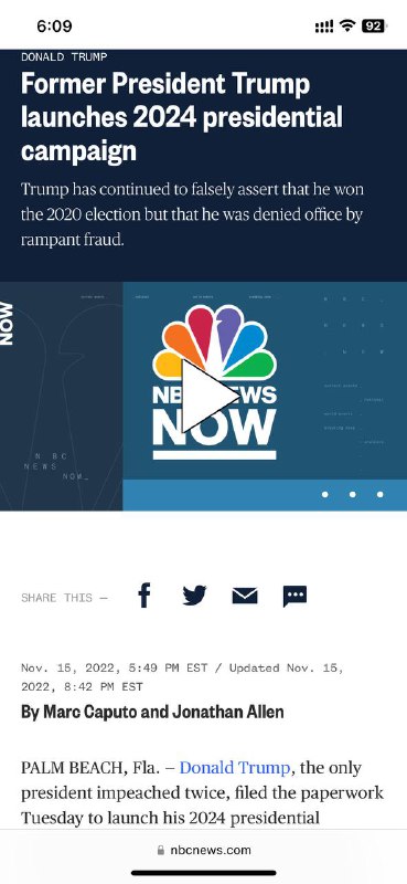 美国前任总统 Trump 于东部时间 11 月 15 日下午宣布参加 2024 年的总统选举