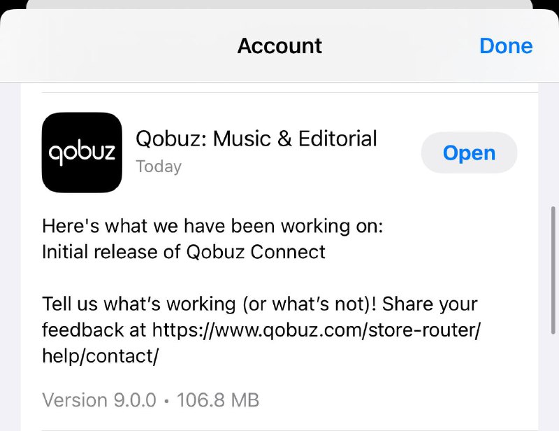 Qobuz iOS 9.0.0 推出Qobuz Connect，带来了类似Spotify的播放设备接力功能via Aifeng Lin🗒 标签: #Qobuz📢 频道: @GodlyNews1🤖 投稿: @GodlyNewsBot