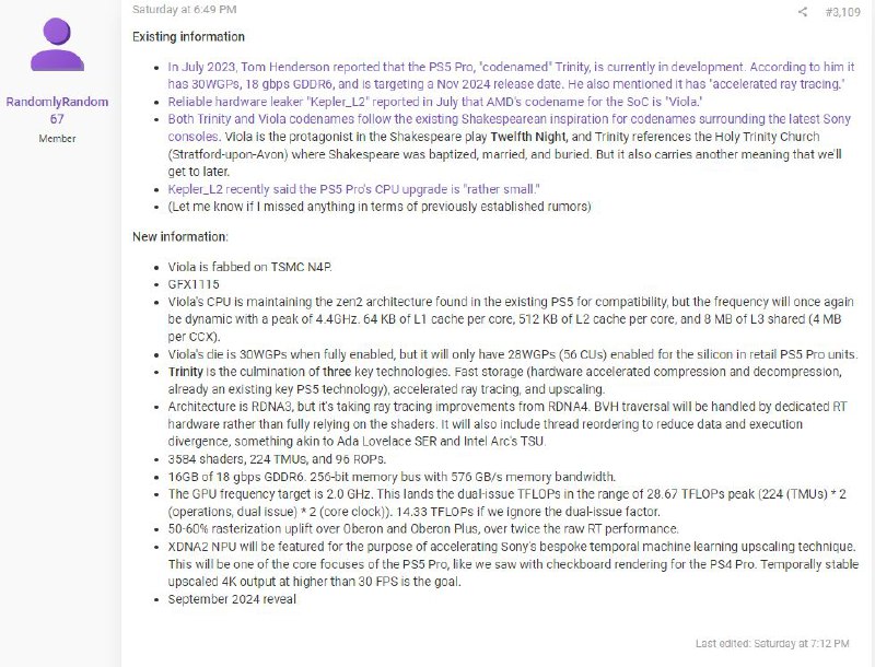 索尼“PS5 Pro”游戏主机 CPU 规格曝光，预计 2024 年 9 月揭晓ResetEra 论坛上一位成员公布了一些关于 PS5 Pro 主机 CPU 的 SoC 数据，并表示该机将于 2024 年 9 月揭晓（不等于发售）