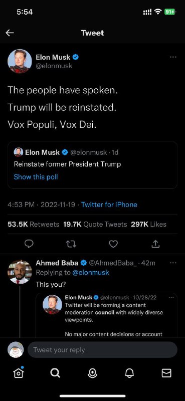 经过投票，Musk 解封了美国前总统 Trump 的 Twitter
