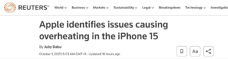 iPhone 15热到不能碰？苹果承认：有漏洞据路透社报道，当地时间9月30日，针对用户抱怨iPhone 15在使用时发热严重，苹果方面回应称，已经发现一些可能导致iPhone 15系列手机运行温度过高的问题，其中包括iOS17操作系统的漏洞