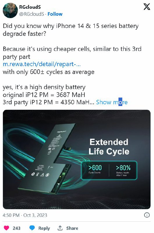 消息称苹果 iPhone 15 / Plus 手机采用“更便宜的电池”：充电循环仅 600 次，老化更快据外媒 wccftech 报道，此前有多名用户抱怨 iPhone 14 / Plus 手机的电池健康百分比在使用几个月后迅速下降