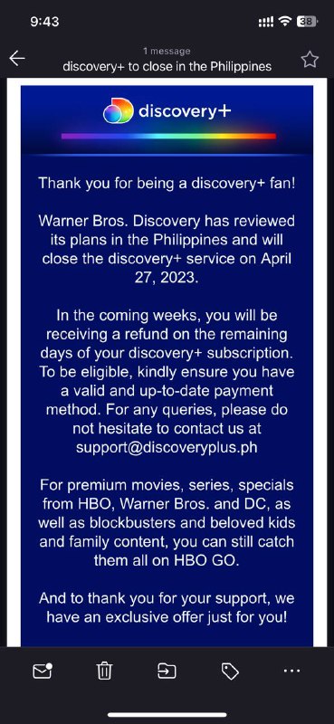 菲律宾 Discovery Plus 将于 2023 年 4 月 27 日停止运营，现有用户将获得相应的退款