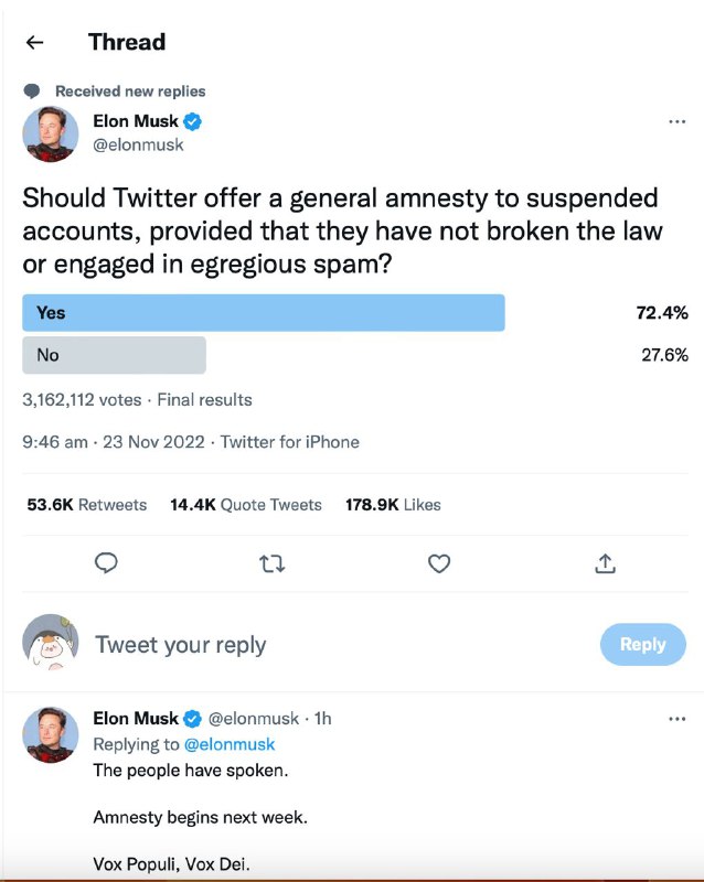 Musk 根据 投票 将于下周开始解封那些没有违反法律以及未参与垃圾信息生成而在 Musk 买下 Twitter 前被封禁的账号