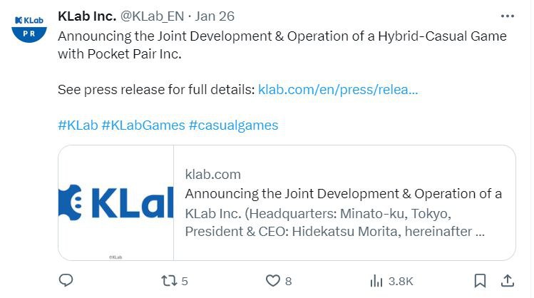 KLab 株式会社宣布与《幻兽帕鲁》开发商共同开发混合休闲手游，含内购、广告《Love Live! 学园偶像季：群星闪耀》《幽游白书 100% 认真战斗》《天空舰队》运营商 KLab 株式会社发文，宣布与《幻兽帕鲁》开发商 Pocketpair 共同开发和运营混合休闲手游