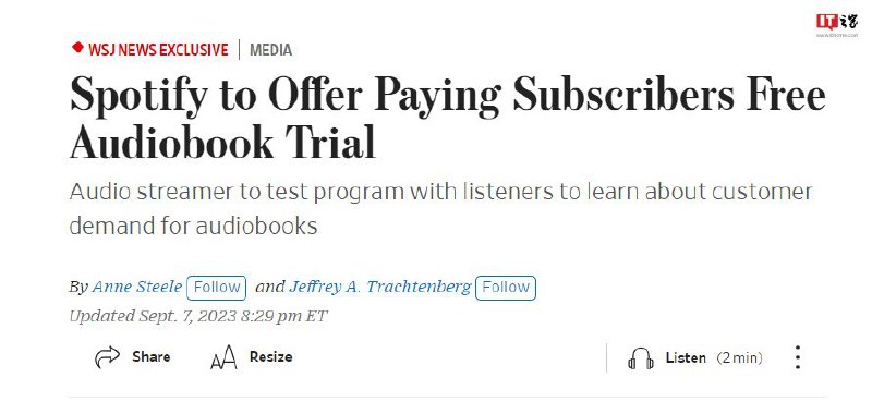 Spotify 计划向 Premium 会员推出免费有声读物IT之家 9 月 9 日消息，据《华尔街日报》报道，知情人士透露，Spotify 正在与美国一些最大的出版商合作开展试点计划，将向 Premium 会员提供免费有声读物试用，订阅者每月可以享受最多 20 小时的收听时间，计划在未来几个月内上线