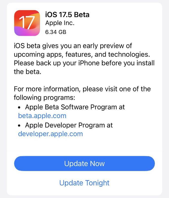 苹果推送 iOS 17.5 Betavia 匿名🗒 标签: #Apple #iOS 📢 频道: @GodlyNews1🤖 投稿: @GodlyNewsBot