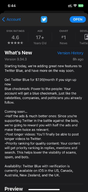 Twitter 在 8 小时前进行了一次 App 更新，其更新内容之一是正如 Elon Musk 所说的价值 $8 的 Twitter Blue