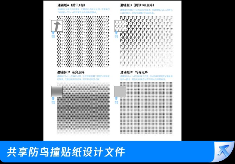 腾讯启动防鸟撞改造，上传防鸟撞设计共享工具包2023年世界候鸟日，腾讯在深圳总部滨海大厦外侧玻璃幕墙，进行了鸟类友好建筑设计的大规模改造，粘贴1面2层楼高的防鸟撞波点贴纸