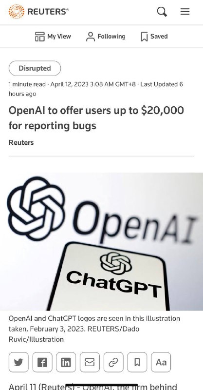 OpenAI 向反馈 Bug 的用户提供高达2万美元的奖励via Dunn Liam🗒 标签: #OpenAI #bug📢 频道: @GodlyNews1🤖 投稿: @Godlynewsbot