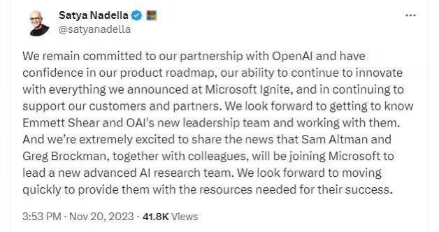 微软宣布，OpenAI创始人Sam Altman、Greg Brockman将加入微软