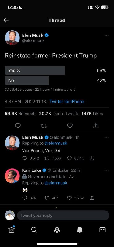 Musk 在 Twitter 让用户投票，关于是否恢复前总统 Trump 的 Twitter 账号