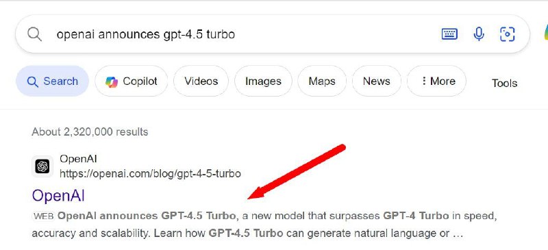 OpenAI的官网缓存泄露GPT-4.5 Turbo模型OpenAI的官网似乎泄露了一张网页缓存，摘要部分的内容是宣布推出GPT-4.5 Turbo模型，但是点开网页后会是404错误