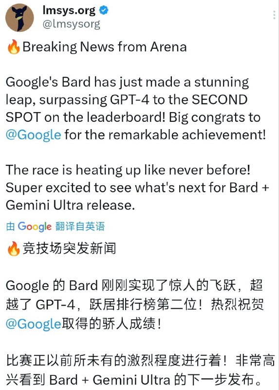 Bard 在 Imsys 排行榜排名超越 GPT-4，Bard + Gemini Ultra 即将发布Google DeepMind 和谷歌研究院首席科学家 Jeff Dean 在 X 上表示，由 Gemini Pro 模型提供支持的 Bard 首次亮相就在 Imsys 排行榜排名第二，超越了 GPT-4，Bard + Gemini Ultra 即将发布