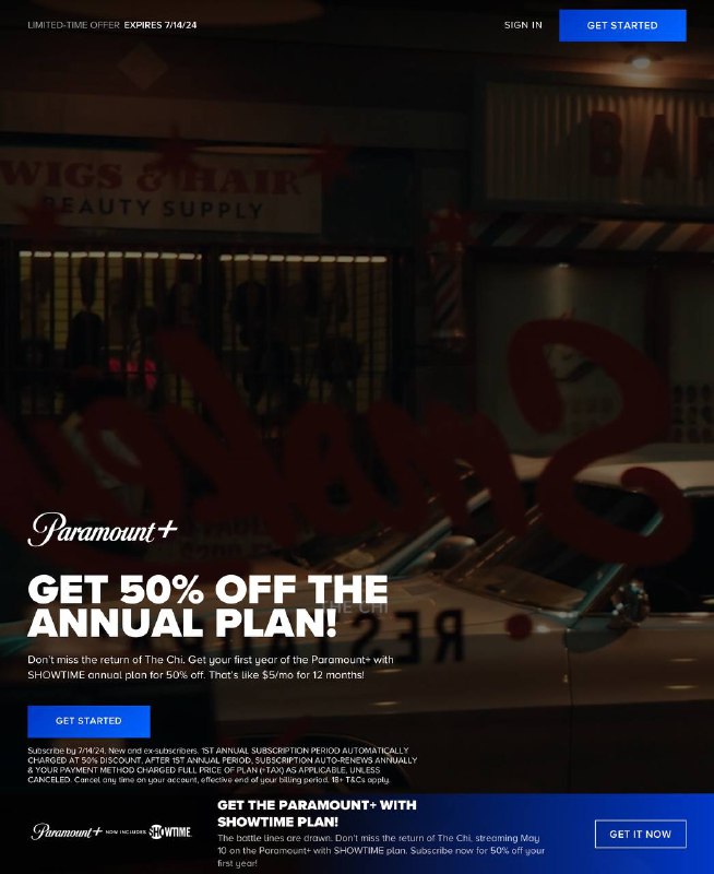 Paramount+ with SHOWTIME无广告年付套餐，首年5折优惠优惠有效至2024.07.14