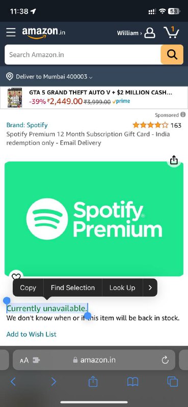 Spotify印度区礼品卡已从亚马逊下架via 尼嘎 福利斯🗒 标签: #Spotify📢 频道: @GodlyNews1🤖 投稿: @Godlynewsbot