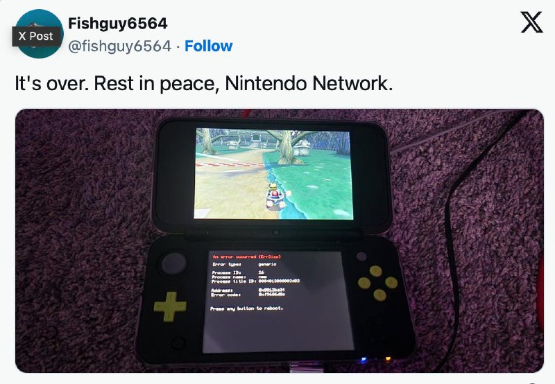 Nintendo Network最后一位3DS玩家断开连接，服务正式终止任天堂的 3DS 和 Wii U 的在线服务器原本计划在四月份关闭，但是一些忠实粉丝的努力让它们存活的时间比预期的要长，包括最后一位玩家，他最近才被断线，而且不是他自愿的