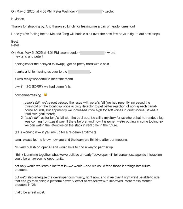 iyo公司因未与OpenAI达成收购协议，反手起诉OpenAIOpenAI CEO Sam Altman称：jason rugolo一直希望我们能够投资或收购他的公司 IYO，并且为此坚持不懈