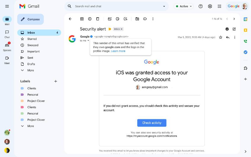 Gmail 将赋予认证品牌一个蓝✅🗒 标签: #Google #Gmail 📢 频道: @GodlyNews1🤖 投稿: @Godlynewsbot
