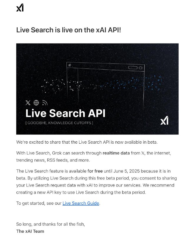 xAI 推出 Live Search API，6月5日前免费使用通过实时搜索，Grok 可以搜索来自𝕏、互联网、热门新闻、RSS 提要等的实时数据