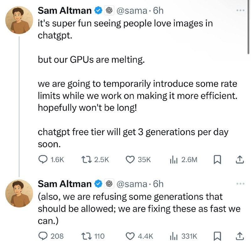 Altman：ChatGPT的文生图应用需求过高，造成GPU超负荷并宕机暂时针对ChatGPT图像增添限制免费用户每天能获得3次生成机会🗒 标签: #OpenAI #ChatGPT📢 频道: @GodlyNews1🤖 投稿: @GodlyNewsBot