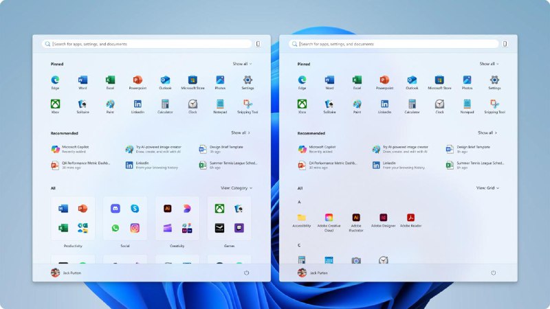 Windows 11 全新的开始菜单现在可供测试更新后的开始菜单更大、可自定义性更强，并且具有两个新视图