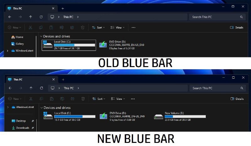 微软正在测试 Windows 11 文件资源管理器中进度条的深色这意味着，传输文件和存储使用的进度条现在使用更深的颜色