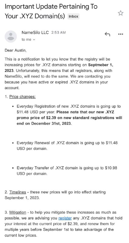 Namesilo 邮件提示 .XYZ 域名将在今年9月1日起涨价这是一个通知，让您知道注册中心将从2023年9月1日开始提高