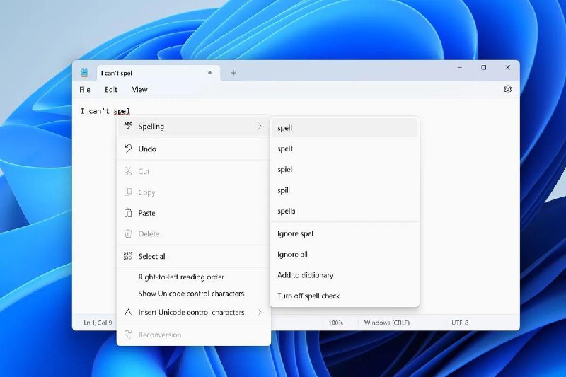 微软的记事本在发布 40 年后终于增加了拼写检查和自动校正功能Windows 11 用户现在可以在记事本里使用类似 Word 的拼写检查功能了