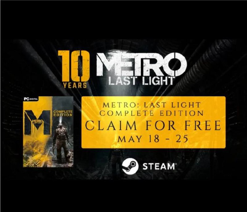 Steam 绝版游戏《地铁：最后的曙光》完整版 5.19开启限时免费领取今日凌晨，地铁系列开发商（4A games）发推庆祝《地铁：最后的曙光》十周年，宣布将于（北京时间）5月19日开始在steam上限时免费赠送《地铁：最后的曙光》（完整版），活动将持续一周，至（北京时间）5月25日凌晨一点结束