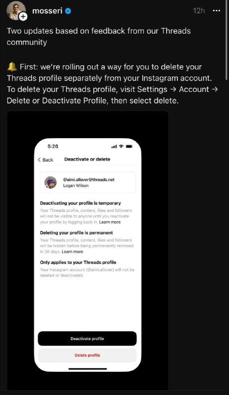 Threads终于可以单独删除你的账户Meta正在推出一种方法，让你能够删除你的Threads个人资料，而无需删除你的Instagram账户