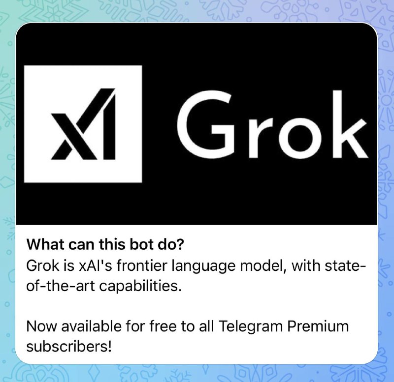 杜罗夫确认 @GrokAI  已登陆Telegram，Telegram Premium用户可免费使用Grok AI是马斯克旗下xAI的产品🗒 标签: #Telegram #Grok📢 频道: @GodlyNews1🤖 投稿: @GodlyNewsBot