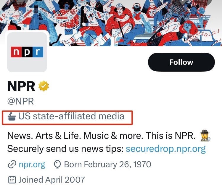 BREAKING：NPR 被 Twitter 标注为美国官方媒体Update: 标记现在被修改为政府资助媒体🗒 标签: #Twitter #NPR 📢 频道: @GodlyNews1🤖 投稿: @Godlynewsbot