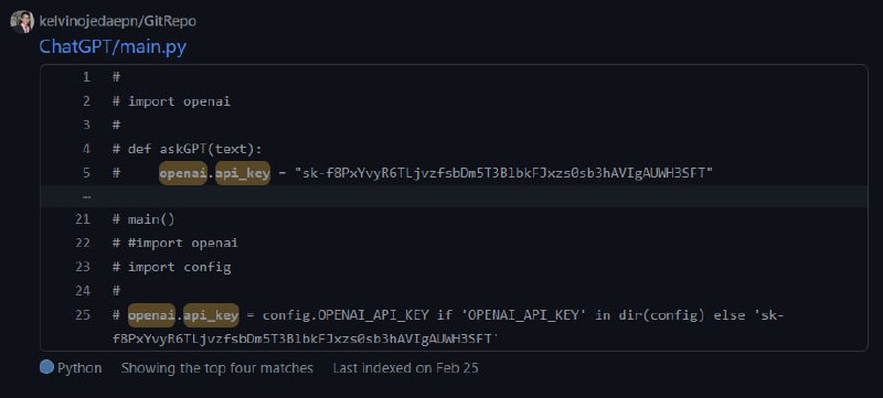 随便在 GitHub 搜一下 openai.api_key 就有一堆憨憨用公开仓库 🌊不过 GitHub 是微软家的，检测到后貌似会自动重置 API KEY🗒 标签: #GitHub #ChatGPT #API 📢 频道: @GodlyNews1🤖 投稿: @GodlyNewsBot