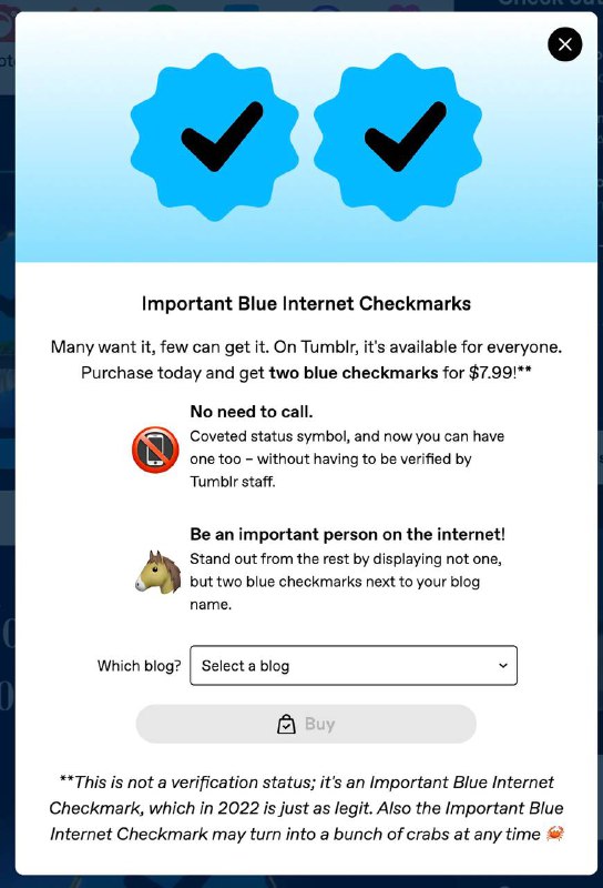 Tumblr将以8美元的价格出售给你两个没用的蓝勾标志• 非官方认证标识• 只为了让你脱引而出🗒 标签: #Tumblr📢 频道: @GodlyNews1🤖 投稿: @GodlyNewsBot