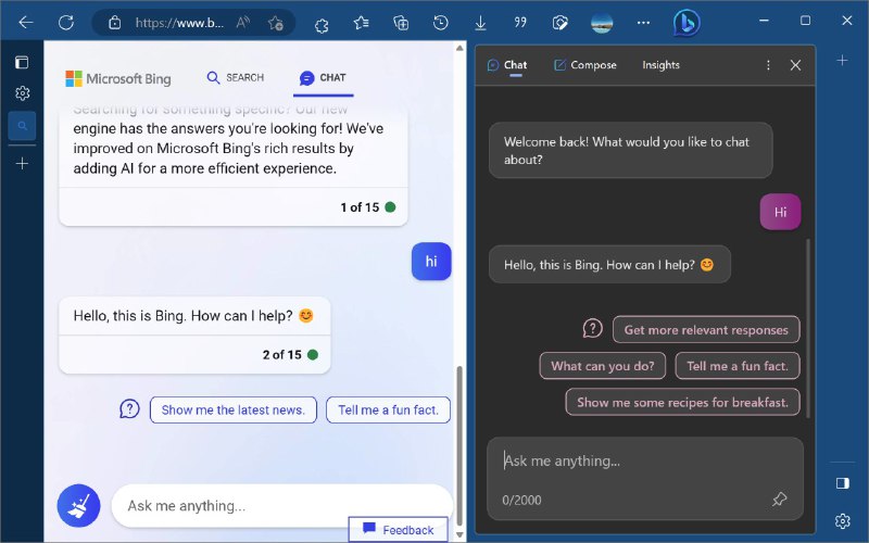 Edge侧边栏版的Bing Chat似乎没有单次对话数量限制