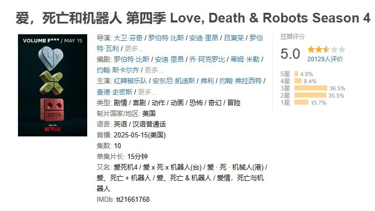 爱死机第四季，豆瓣仅 5.0 分作为比较，第一季：9.2 分，第二季 6.9 分，第三季 8.5 分🗒 标签: #Netflix📢 频道: @GodlyNews1🤖 投稿: @GodlyNewsBot