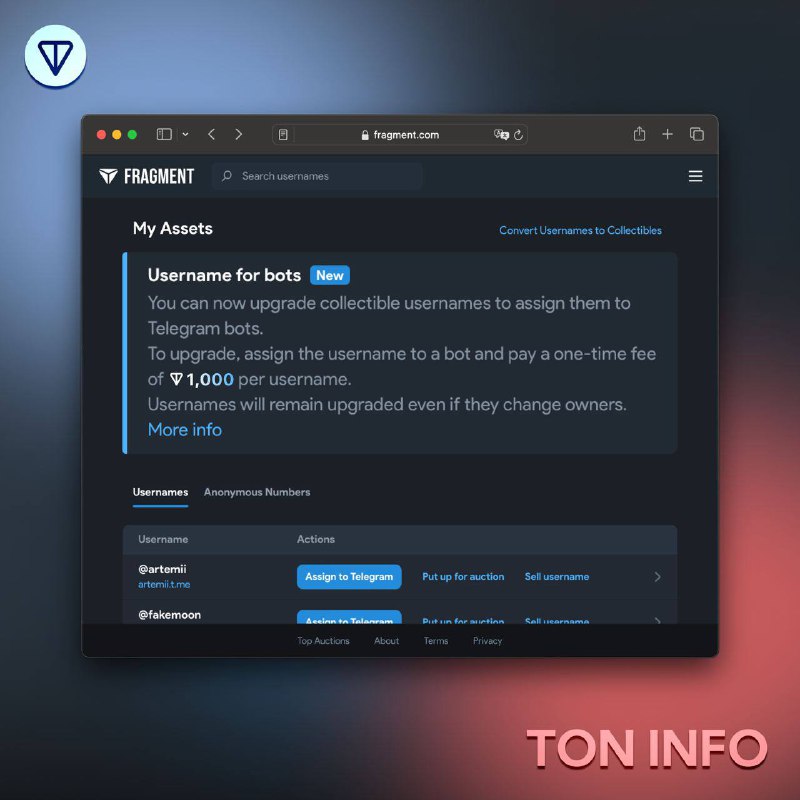 Telegram 机器人用户名成本降低了 5 倍最近，将收藏用户名链接到机器人的支付金额已从 5000 TON 减少到 1000 TON
