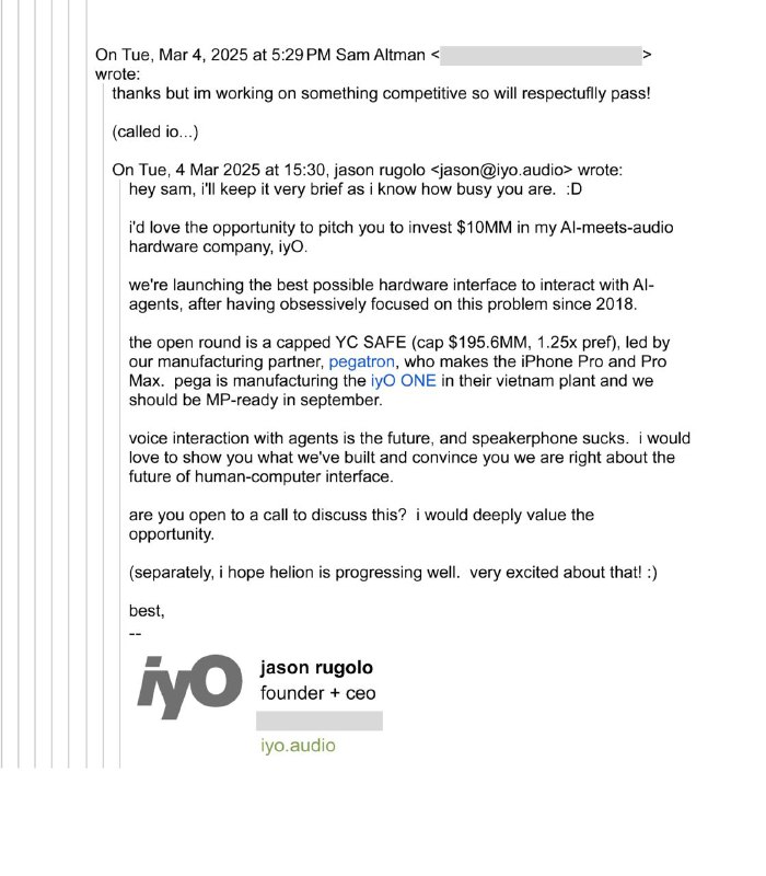iyo公司因未与OpenAI达成收购协议，反手起诉OpenAIOpenAI CEO Sam Altman称：jason rugolo一直希望我们能够投资或收购他的公司 IYO，并且为此坚持不懈
