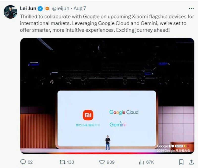 小米创办人雷军在社交平台上透露，小米旗舰设备的国际版将会与GoogleAI大模型Google Gemini合作