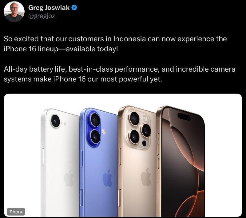 苹果庆祝在印尼发布iPhone 16系列苹果营销高级副总裁 Greg Joswiak 在 X 上发帖宣布了产品发布苹果终于正式在印尼向消费者发布了 iPhone 16 
