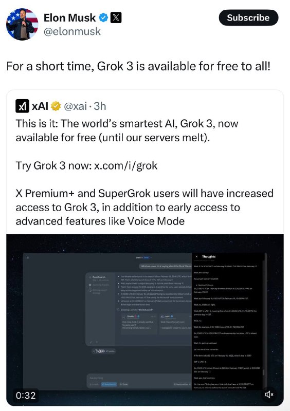 xAI称Grok 3将免费提供xAI宣布，世界上最智能的AI—Grok 3，现在免费提供（直到我们的服务器不堪重负为止）