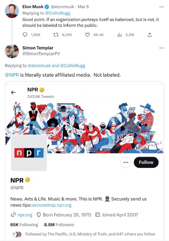 BREAKING：NPR 被 Twitter 标注为美国官方媒体Update: 标记现在被修改为政府资助媒体🗒 标签: #Twitter #NPR 📢 频道: @GodlyNews1🤖 投稿: @Godlynewsbot
