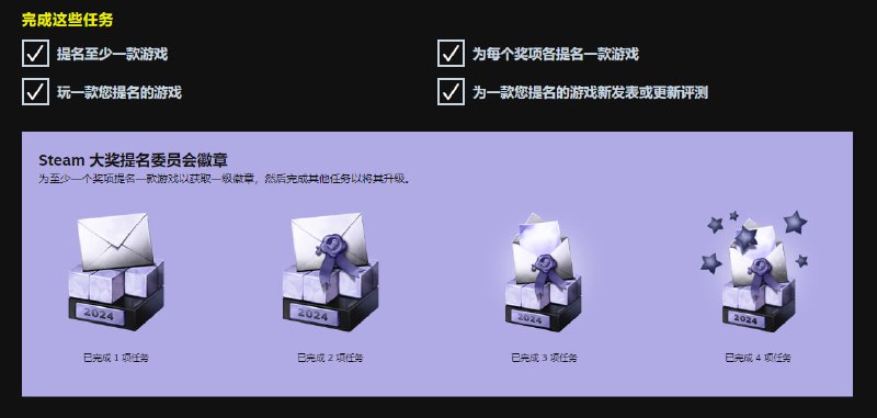 为 2024年 Steam 大奖提名，可领取 【2024 年 Steam 大奖提名委员会】徽章，徽章的每一级能为您带来 25 点经验值