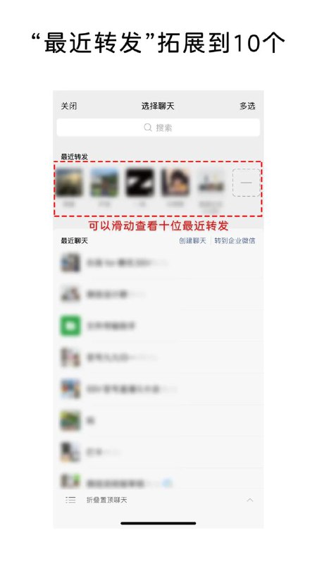 微信宣布两项功能更新1.  “最近转发”大扩容，从 5 个最近转发席位，直接双倍到 10 个