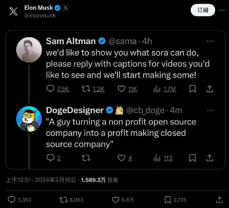 Sam Altman: 我们想向你展示Sora可以做什么，请回复您想看的视频的标题，我们将开始制作！Doge:  一个把非盈利开源公司变成盈利闭源公司的家伙