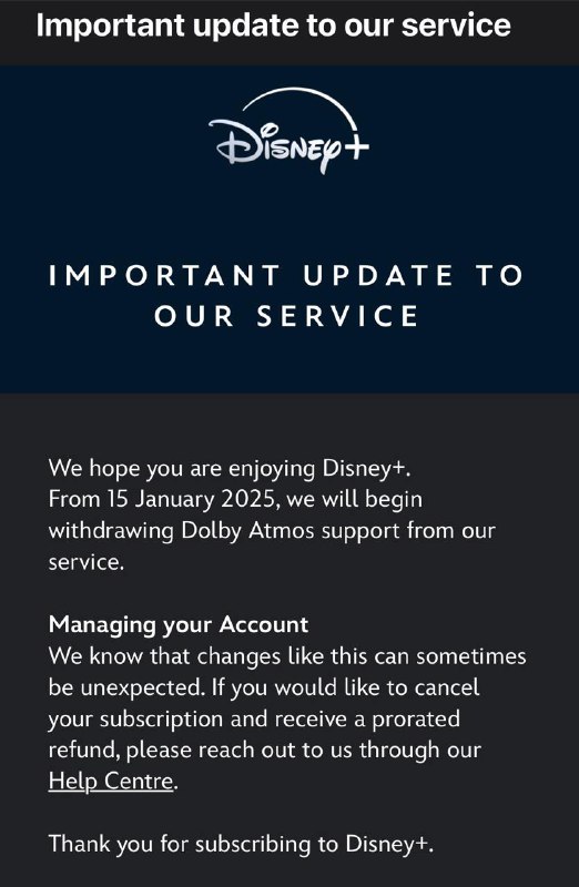 土耳其 Disney+ 将在明年停止支持杜比音效有土耳其订户收到了来自Disney+的邮件，内容称2025/01/15后停将止支持Dolby Atmos 