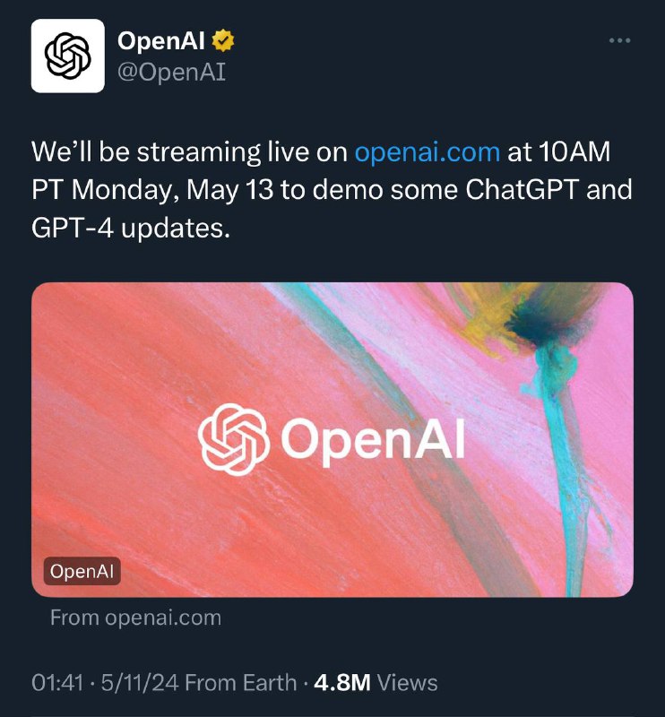 值得一看的OpenAI发布会北京时间5月14日凌晨1点(10AM PT)，OpenAI将直播演示ChatGPT和GPT-4的升级内容🗒 标签: #OpenAI #ChatGPT📢 频道: @GodlyNews1🤖 投稿: @GodlyNewsBot